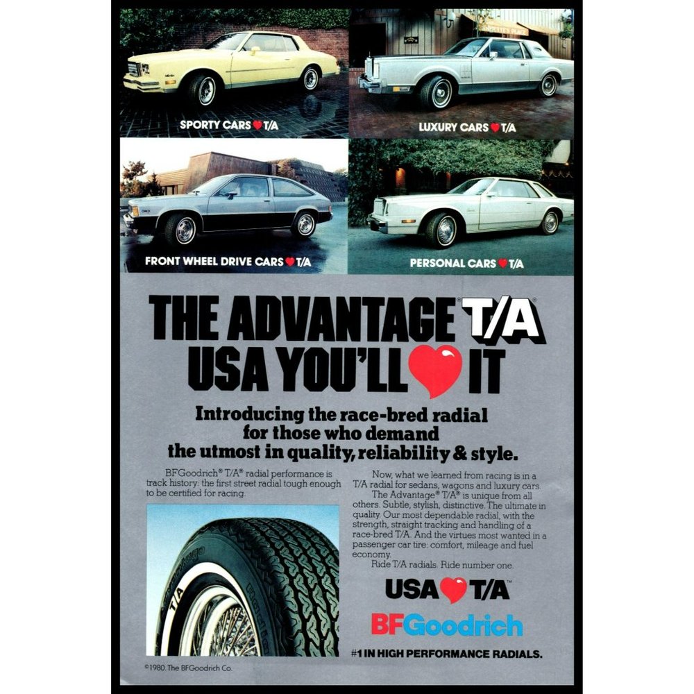 1980 BF Goodrich Race Bred Radial Tire Vintage Print Ad Sport and Luxury Car Art